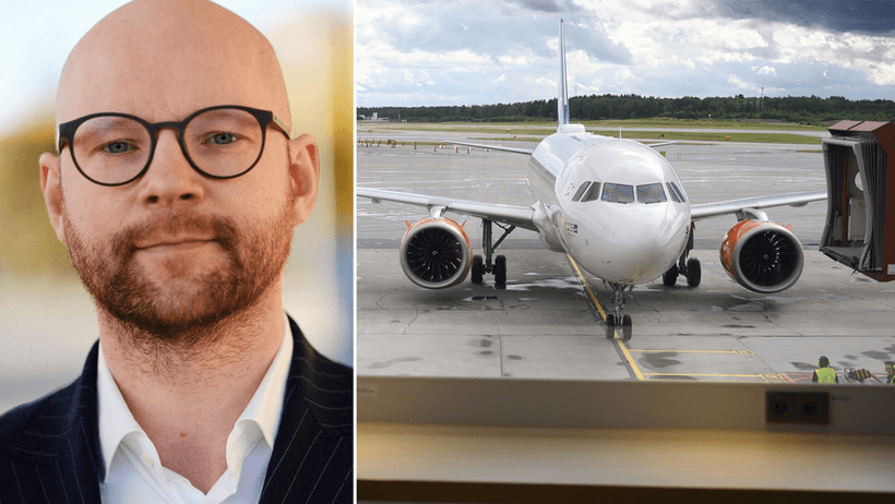 Sammansatt bild med ett porträtt av en man med glasögon på vänster sida och ett vitt passagerarflygplan på en flygplats på höger sida.