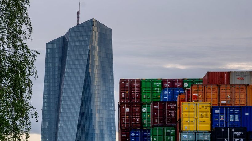 The European Central Bank is pictured next to containers in Frankfurt, Germany, on April 9, 2024. (AP Photo/Michael Probst, File) NY503