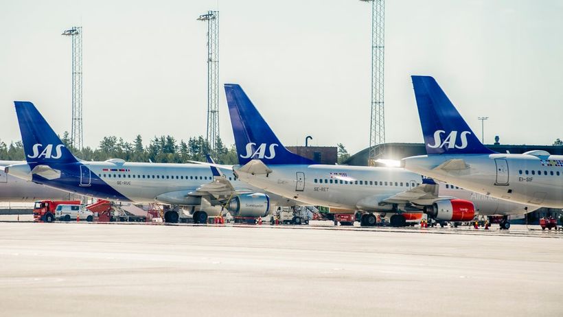 SAS-flyg parkerade på Oslos flygplats Gardemoen.