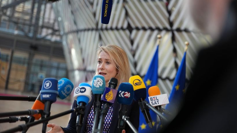 European Union foreign policy chief Kaja Kallas speaks with the media as she arrives for a meeting of EU foreign ministers at the European Council building in Brussels, Monday, March 16, 2026. (AP Photo/Virginia Mayo) VLM107

