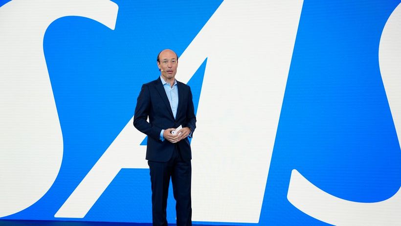 SAS's CEO Anko van der Werff speaks during a press conference at the Vilhelm Lauritzen Terminal in Copenhagen, Denmark. (Mads Claus Rasmussen/Ritzau Scanpix via AP) 