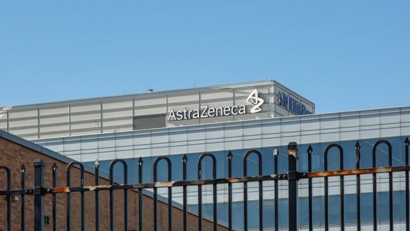 Astra Zeneca. Mississauga, Canada, March 2, 2021; The brand logo at on the pharmaceutical manufacturer Astra Zeneca office building in Mississauga