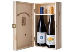 Trälåda Michele Chiarlo med Barbera Le Orme och Moscato Nivole